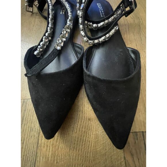 Express Black Rhinestone Heels Size 7 Pointed Toe Ankle Strap Dress Shoes - Picture 6 of 10